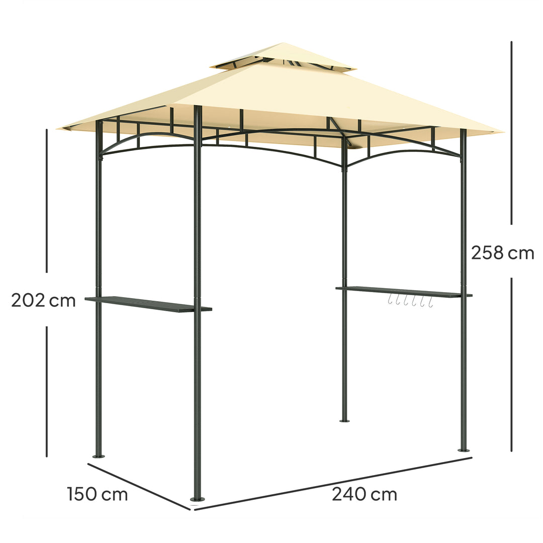 8' x 5' Grill Gazebo, Double Tiered BBQ Gazebo Shelter Canopy with LED Lights, 2 Side Shelves, Hooks, Beige