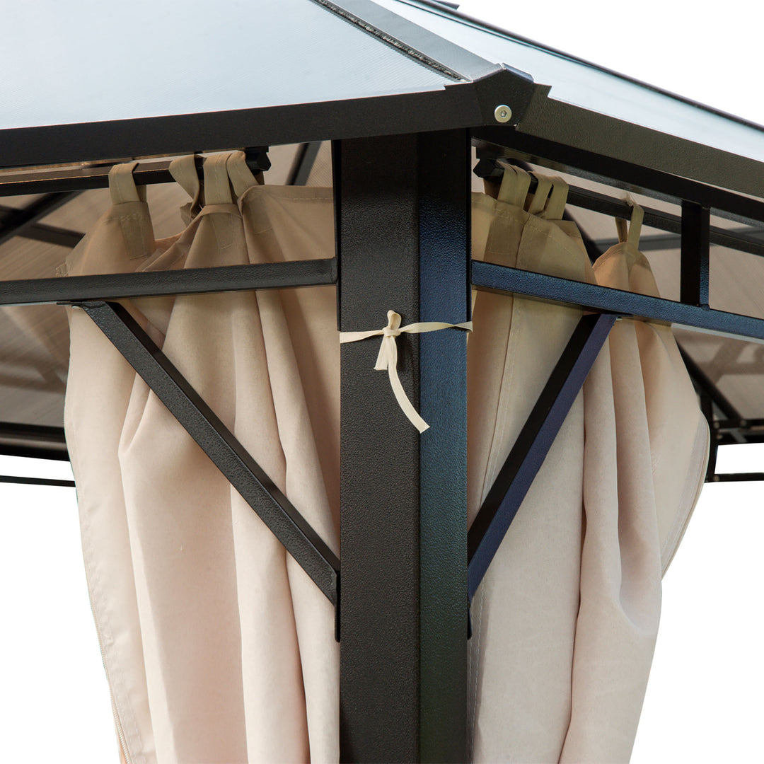 MCL 3 x 3.6m Hardtop Gazebo Canopy with Polycarbonate Roof Garden Pavilion with Removable Curtains and Steel Frame, Brown