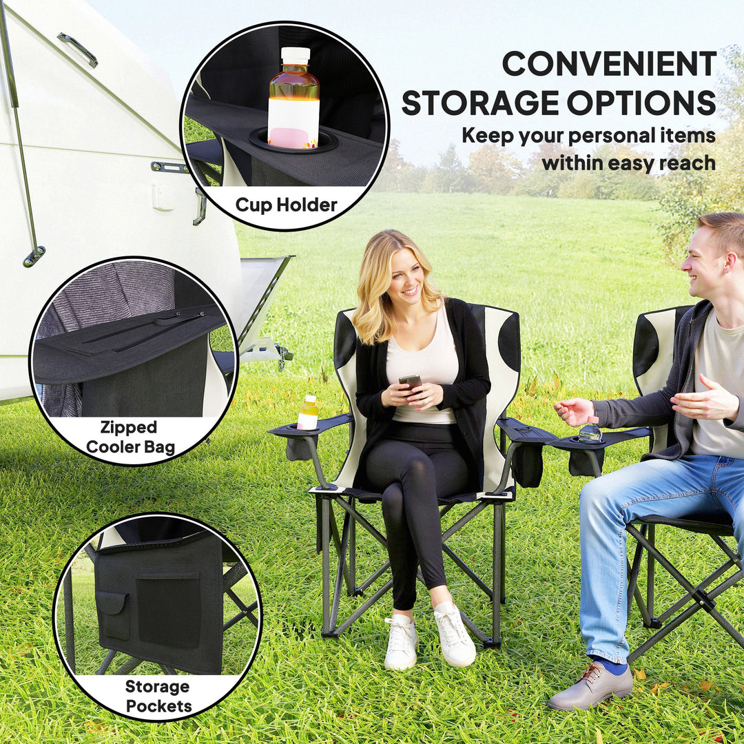 Set of 2 Folding Camping Chairs, Padded Camping Chairs with Adjustable Armrests, Portable & Lightweight Folding Camp Chair with Cooler Bag, Cup Holder and Side Pockets, Black