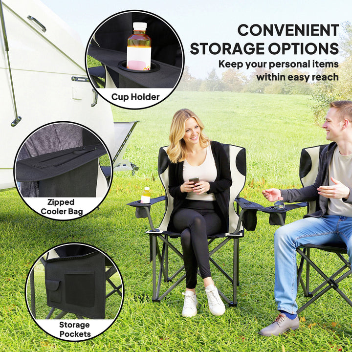 Set of 2 Folding Camping Chairs, Padded Camping Chairs with Adjustable Armrests, Portable & Lightweight Folding Camp Chair with Cooler Bag, Cup Holder and Side Pockets, Black
