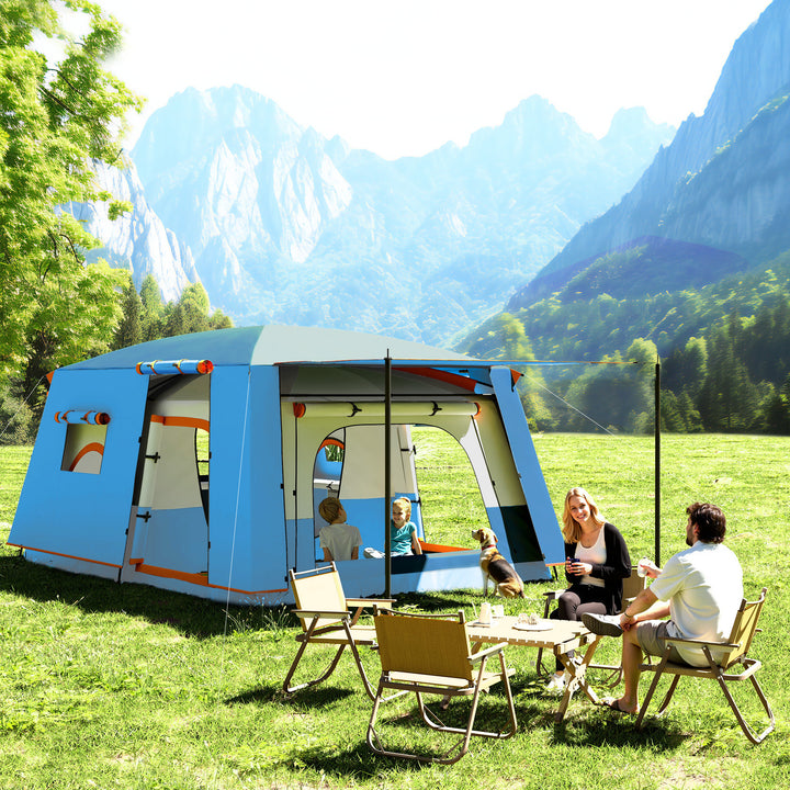 4-6 Man Camping Tent, Double Layer Tunnel Tent with Porch, Living Area and 2 Bedrooms, Sewn in Groundsheet, 3000mm Waterproof and UPF 30+, Portable with Bag, Blue