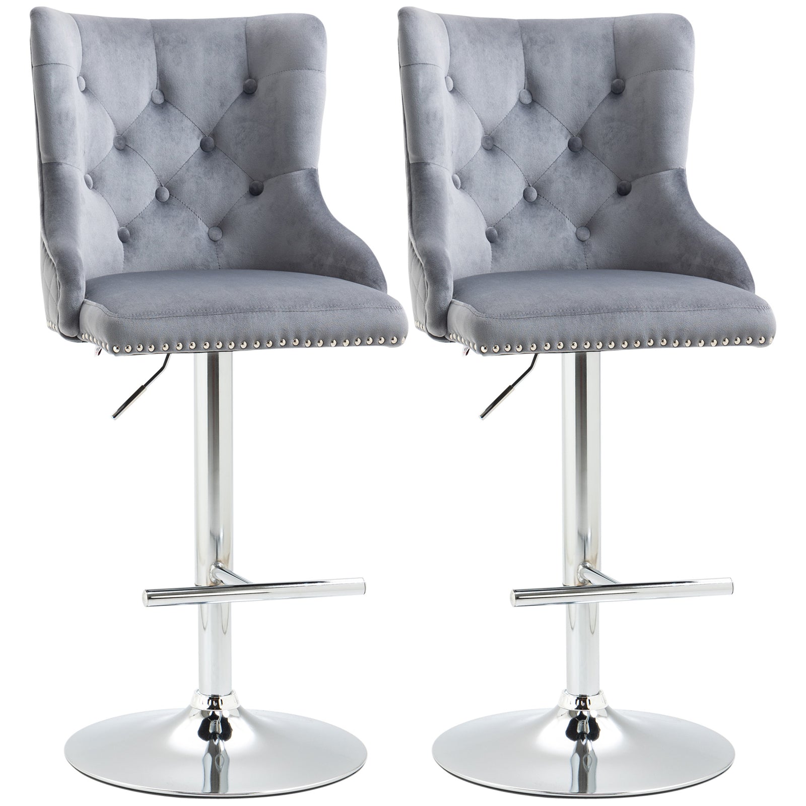 Bar Stools Set of 2, Modern Swivel & Adjustable Velvet Barstools with Button Tufted Back, Footrest, Nailhead Trim for Home Bar, Grey