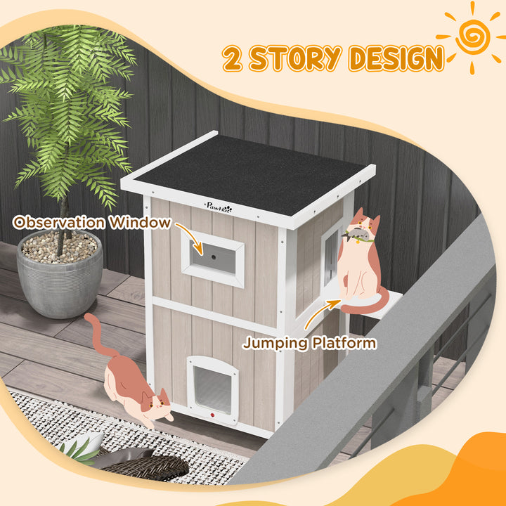 PawHut Outdoor 2 Tiers Wooden Cat Shelter w/ Removable Bottom, Escape Doors, Asphalt Roof, for 1-2 Cats - Light Grey | Aosom UK