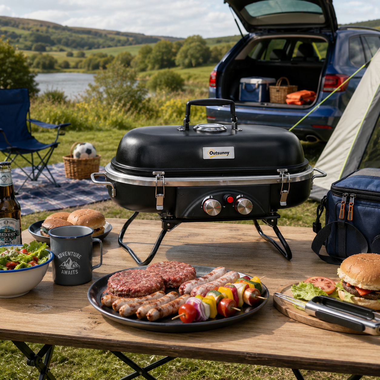 Foldable Gas BBQ Grill 2 Burner Table Top Barbecue with Lid Piezo Igni