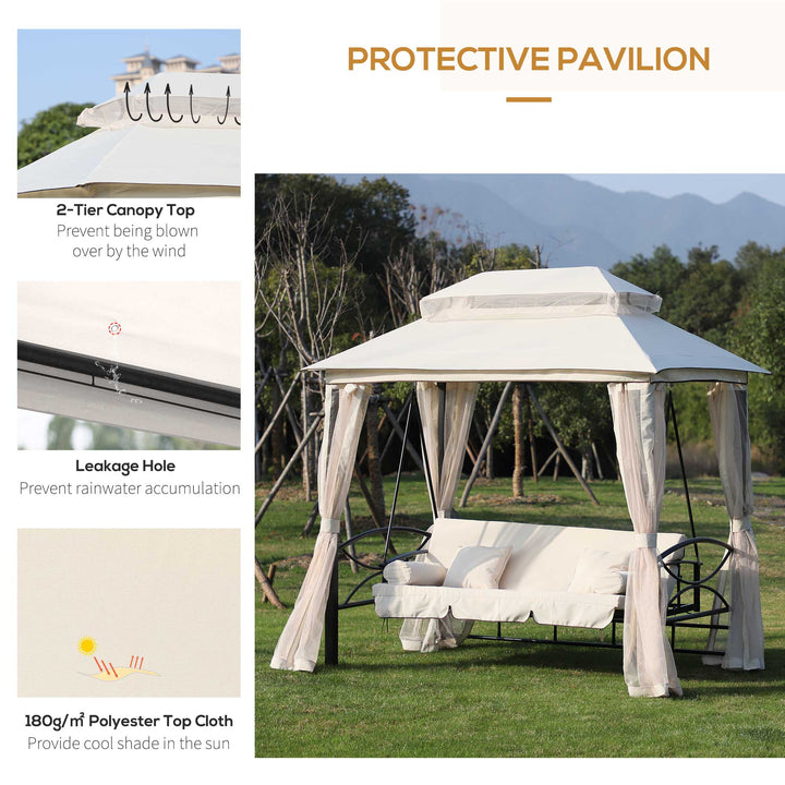 2-in-1 Convertible Gazebo Swing Chair Bed W/Netting, 245Lx165Wx243H cm-Beige/Black