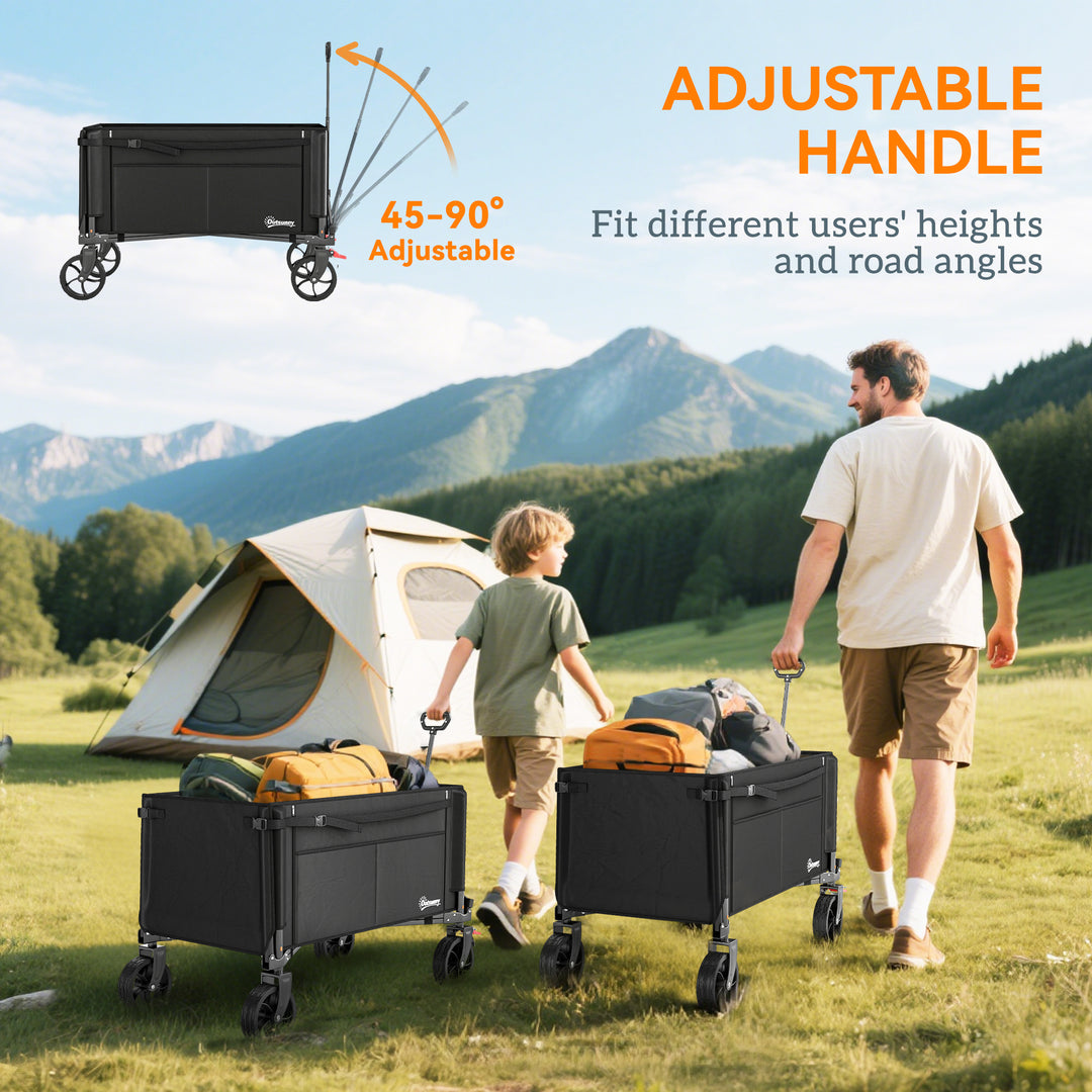 Festival Trolley on Wheels, 150L Folding Camping Trolley Cart with Openable Sides, Adjustable Handle and Brakes for Shopping Beach Garden Fishing, Black