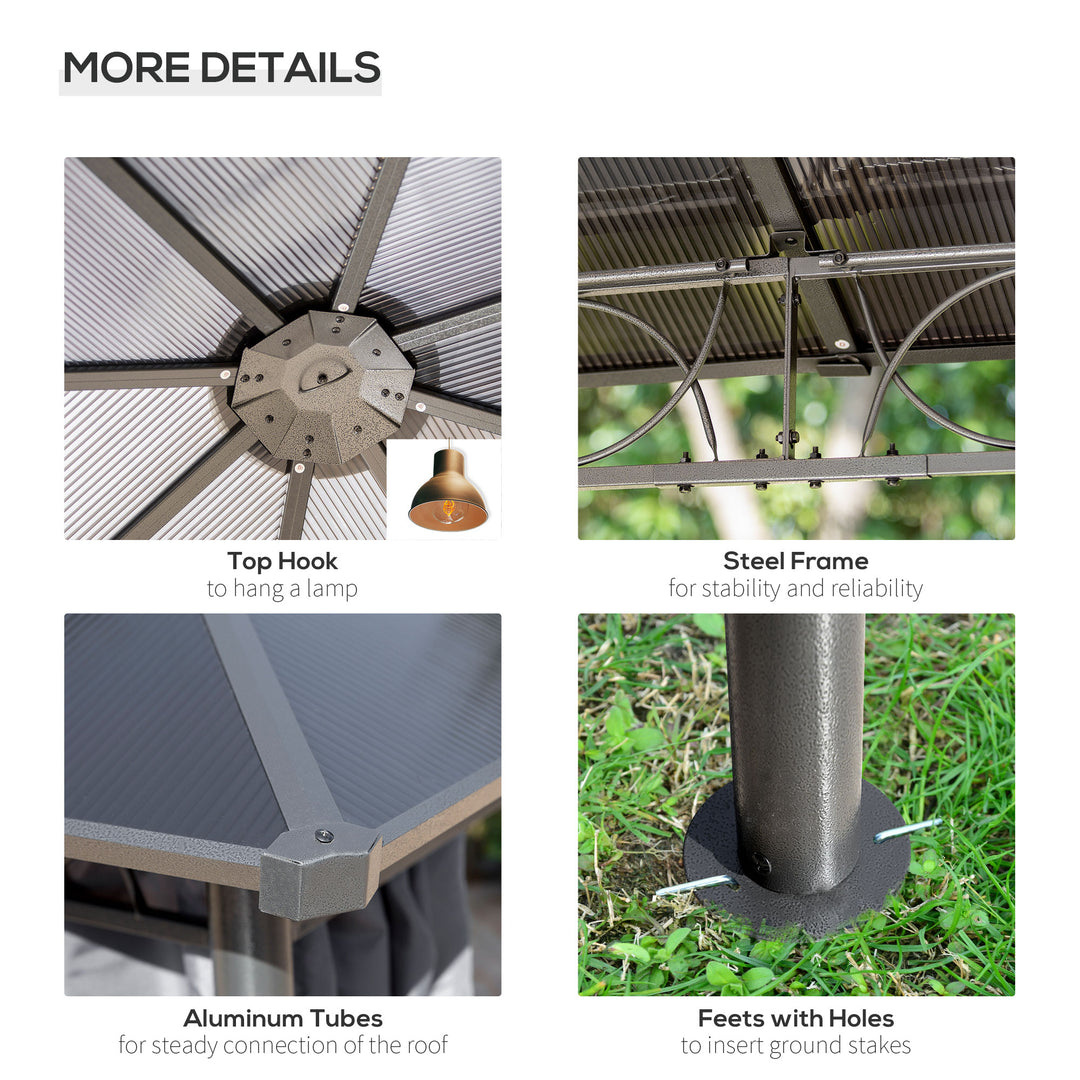 MCL 3 x 3(m) Hardtop Gazebo Canopy with Polycarbonate Roof, Permanent Pavilion Garden Gazebo with Curtains for Patio, Deck, Grey