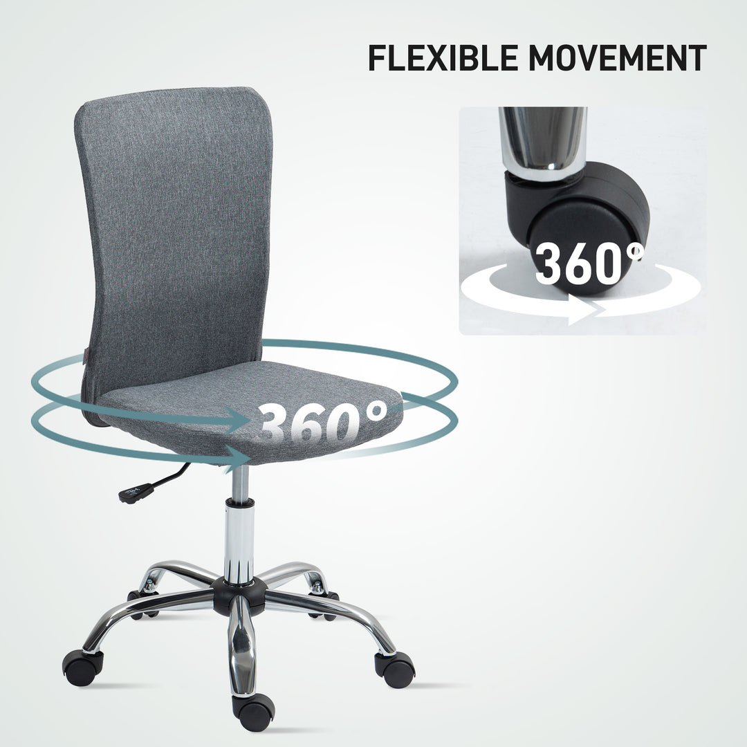 Armless Computer Desk Chair, Fabric Swivel Office Chair, Makeup Vanity Chair with Height Adjustable, Wheels, for Home Study Bedroom, Grey