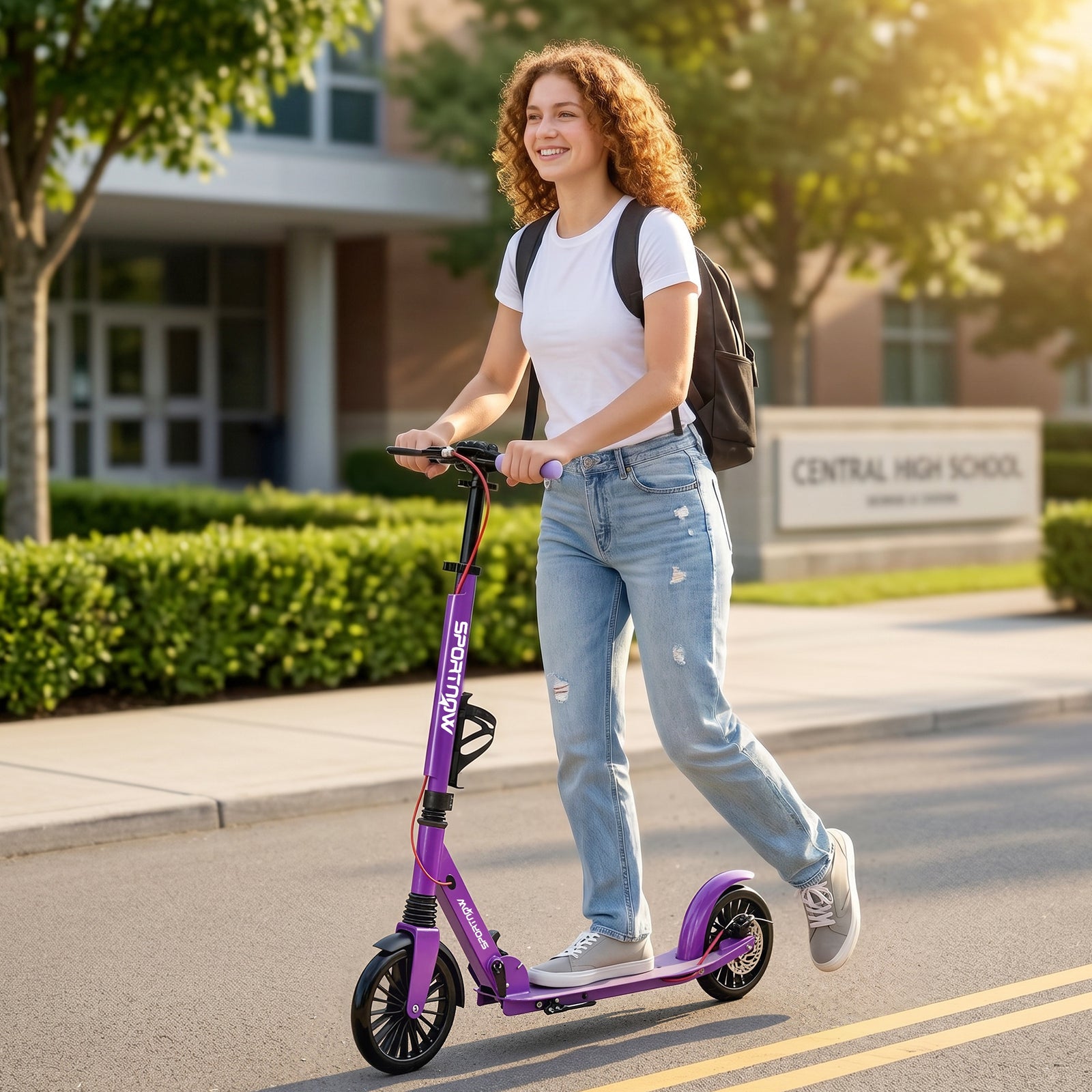 Foldable Kick Scooter with Height Adjustable Handlebar, One-click Fold