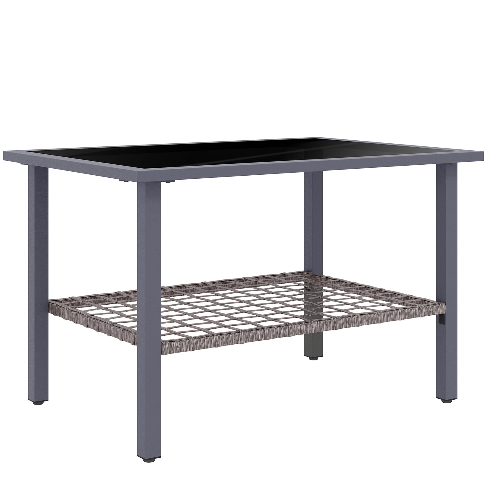 Outdoor Rattan Coffee Table with Tempered Glass Top, Storage Shelf, Foot Pads, for Patio, Balcony, Mixed-grey