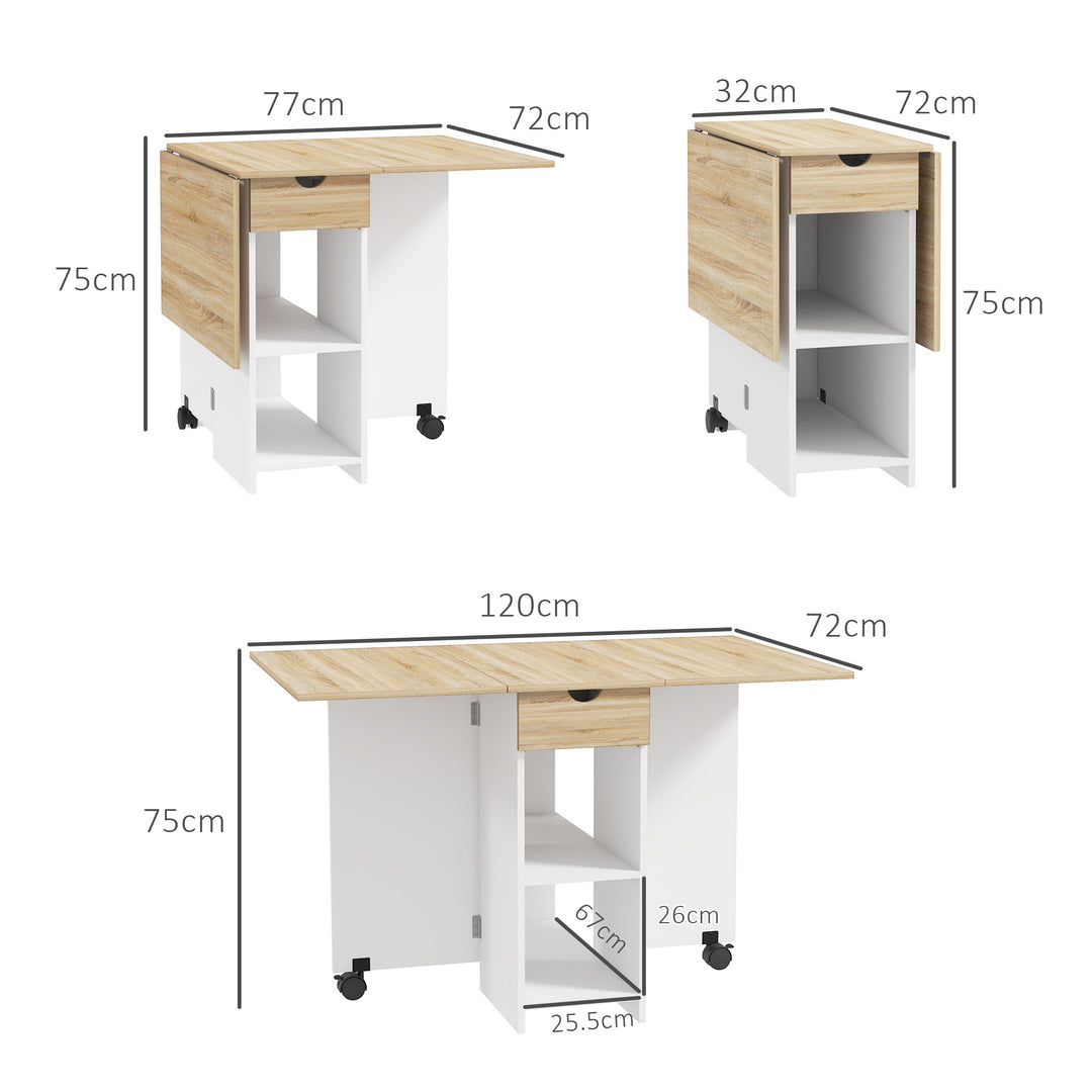 Folding Dining Table, Drop Leaf Table for Small Spaces, Foldable Table with Drawer and Storage Shelves for Kitchen, Dining Room, Oak