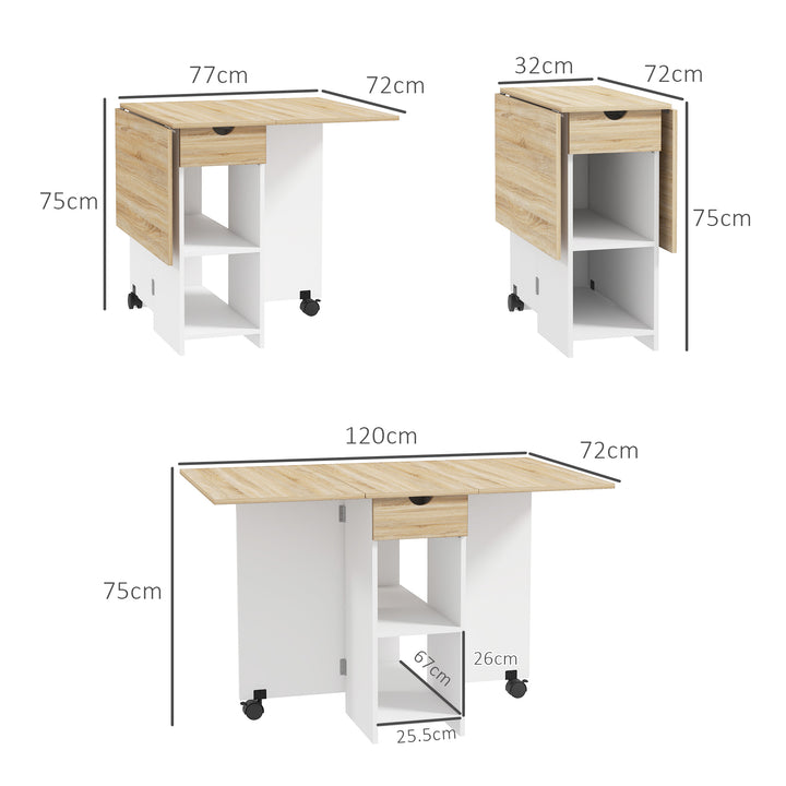 Folding Dining Table, Drop Leaf Table for Small Spaces, Foldable Table with Drawer and Storage Shelves for Kitchen, Dining Room, Oak