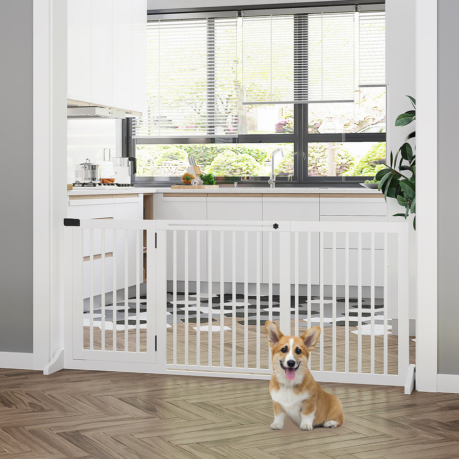 Wooden Dog Gate, Dog Fence Indoor, Freestanding Dog Barrier, Adjustable Lockable Fence with 3 Panels, 71H x 113-166W cm, White