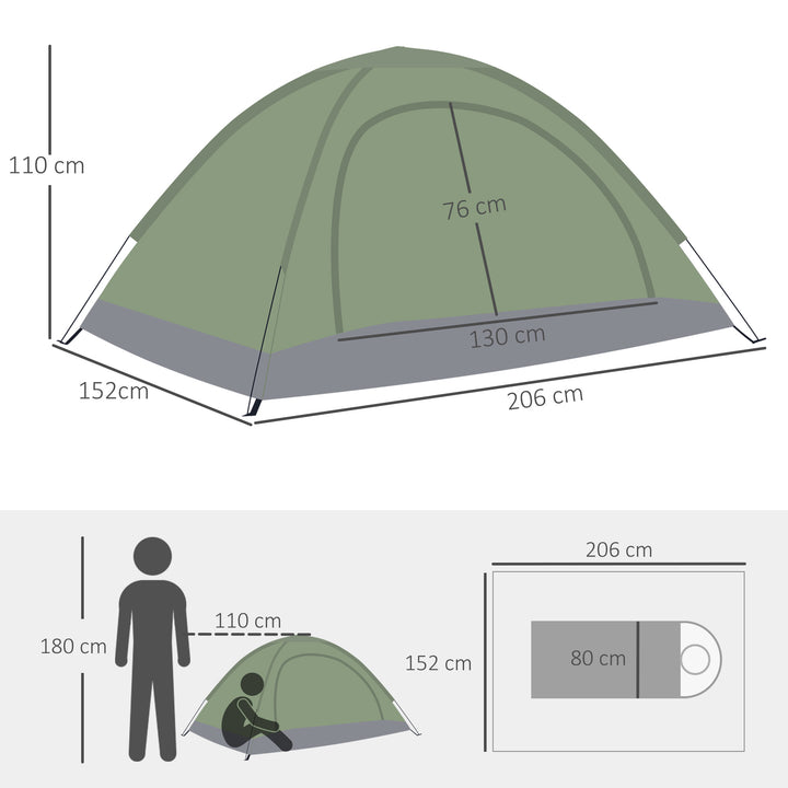2 Person Camping Tent, Dome Tent with Zipped Doors, Storage Pocket, Portable Handy Bag, Multicoloured