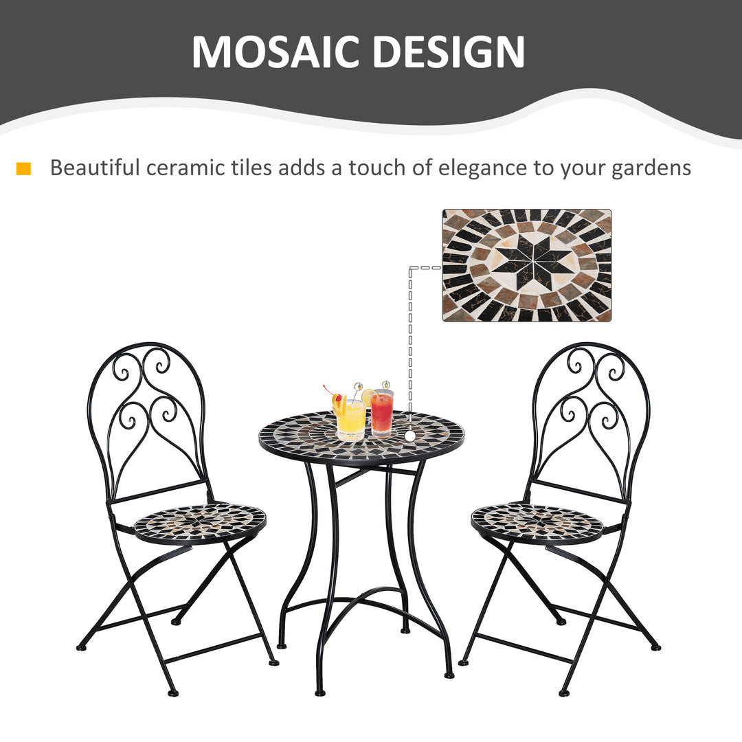 3 Pieces Garden Bistro Set with Coffee Table and 2 Folding Single Chairs, Mosaic Garden Table Top and Seats, Metal Frame, for Patio Balcony, Black