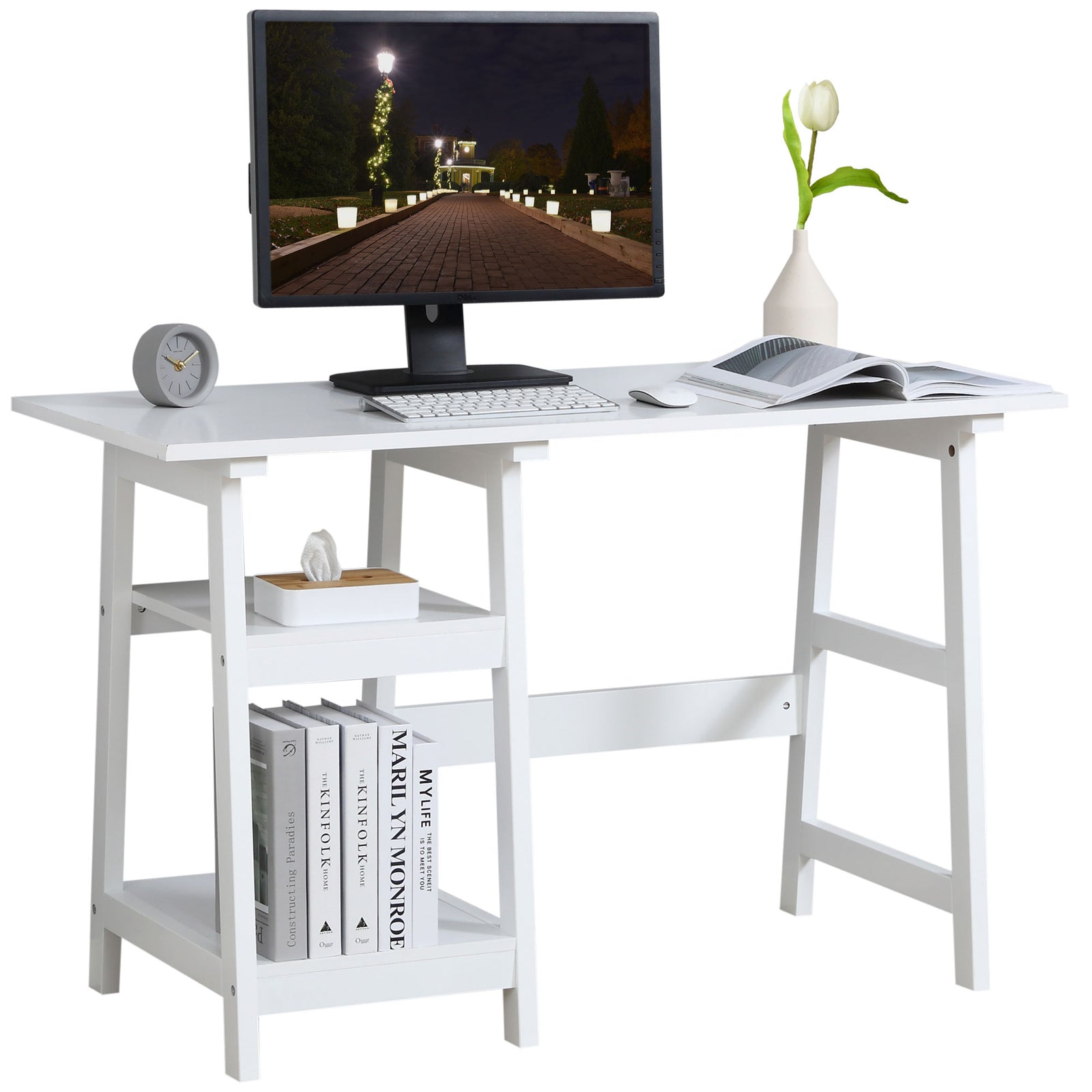 Compact Computer Desk with Storage Shelves, Study Table with Bookshelf, PC Table Workstation for Home Office, Study, Easy Assembly, 120 x 51cm, White