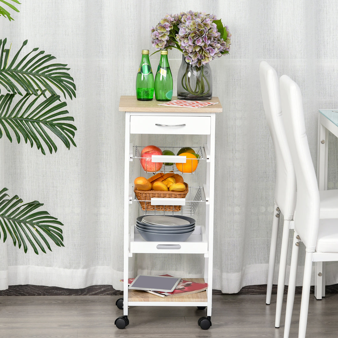 MCL Mobile Rolling Kitchen Island Trolley for Home w/ Metal Baskets Trays Shelves Wheels Compact Stylish Storage White