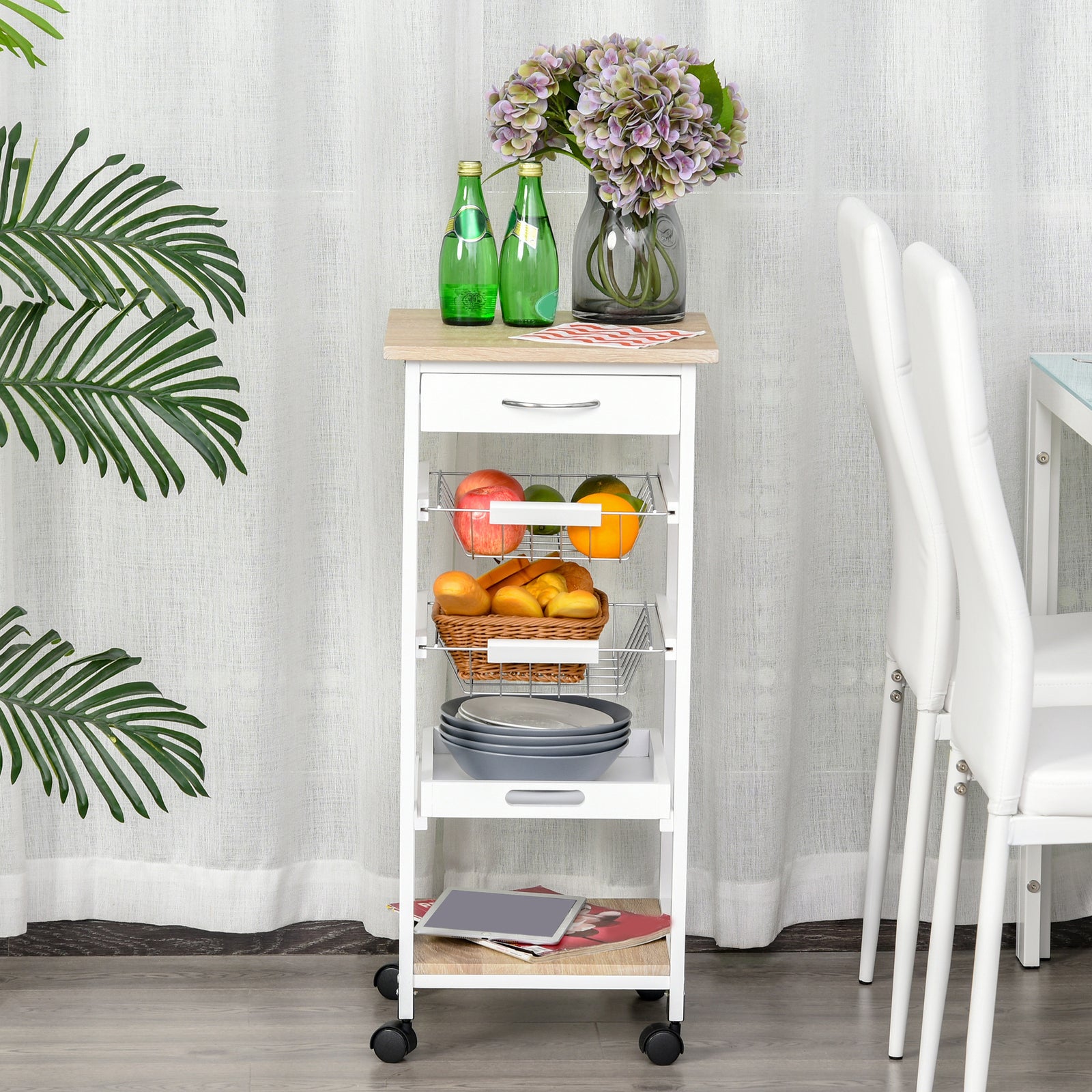 Mobile Rolling Kitchen Island Trolley for Home w/ Metal Baskets Trays Shelves Wheels Compact Stylish Storage White