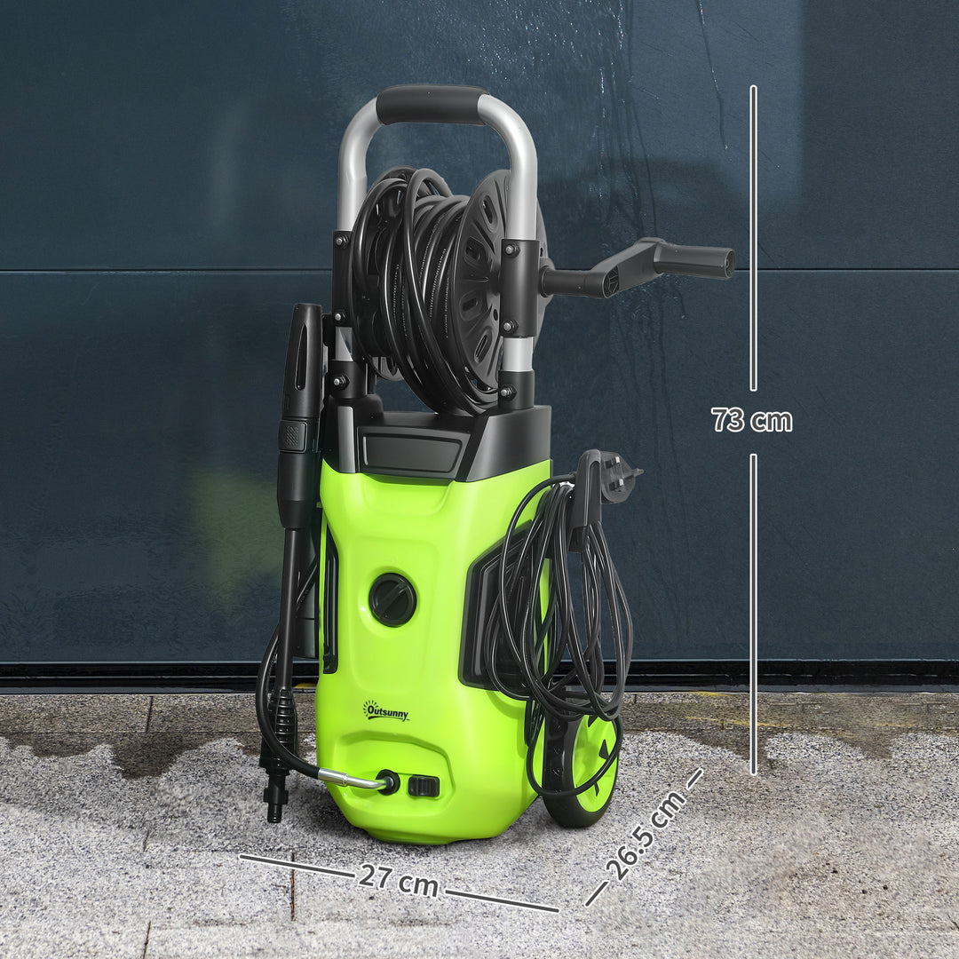 1800W High Pressure Washer, 150 Bar Pressure, 420 L/h Flow, Portable Power Washer Jet Wash Cleaner with Adjustable Nozzle, 6M Hose, Hose Reel, Steel Handle for Home Patio Car Driveway, Green