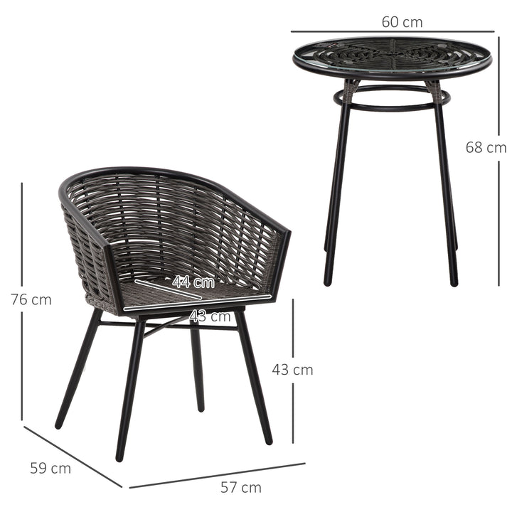 MCL 3 Pieces Rattan Bistro Set, Wicker Garden Furniture Set with Round Glass Top Coffee Table and Chairs, Washable Cushions for Outdoor, Patio, Balcony, Grey
