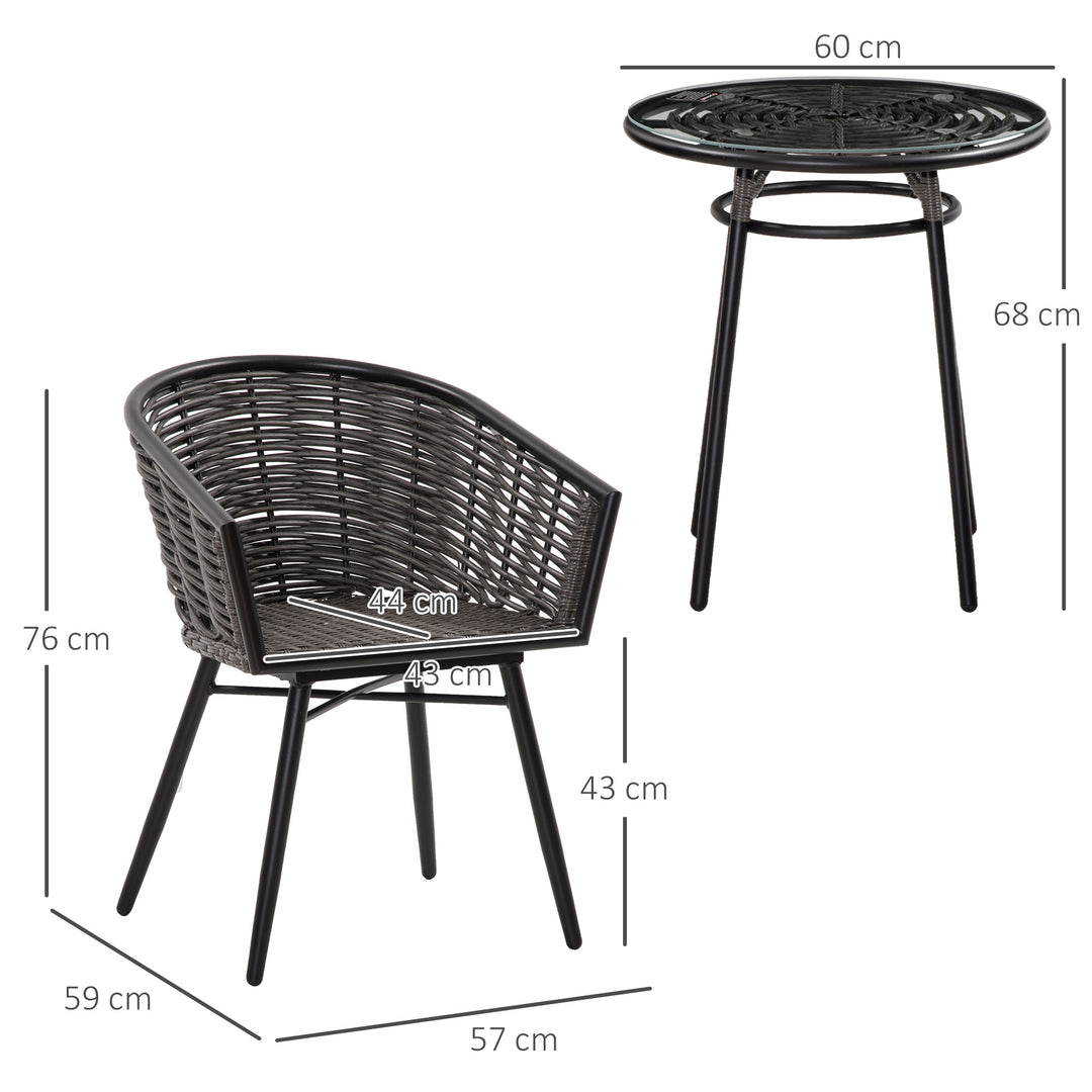 3 Pieces Rattan Bistro Set, Wicker Garden Furniture Set with Round Glass Top Coffee Table and Chairs, Washable Cushions for Outdoor, Patio, Balcony, Grey
