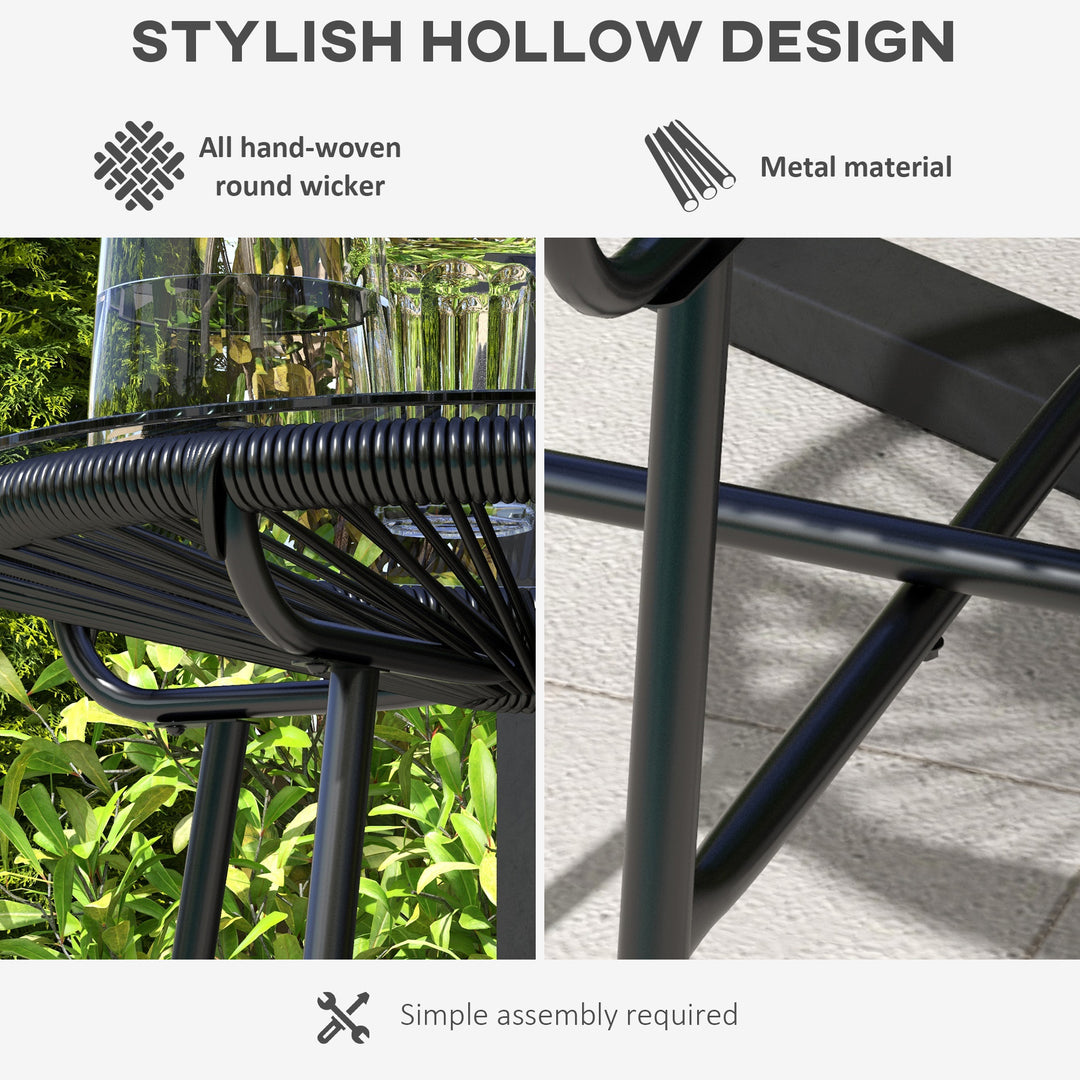 Rattan Side Table, Round Outdoor Coffee Table, with Round PE Rattan and Tempered Glass Tabletop for Patio, Garden, Balcony, Black