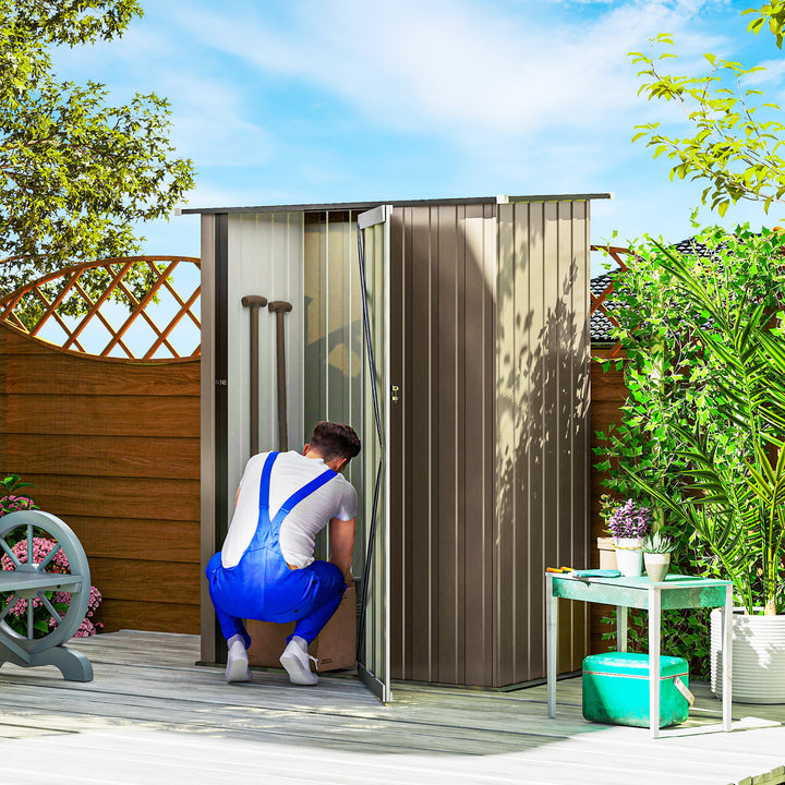 5ft x 3ft Metal Garden Storage Shed, Outdoor Tool Shed with Sloped Roof, Lockable Door for Tools, Equipment, Brown