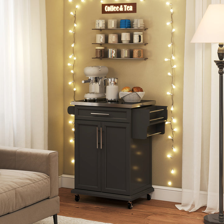 MCL Wooden Kitchen Island on Wheels, Serving Cart Storage Trolley with Stainless Steel Top, Drawer, Side Handle and Rack, Black