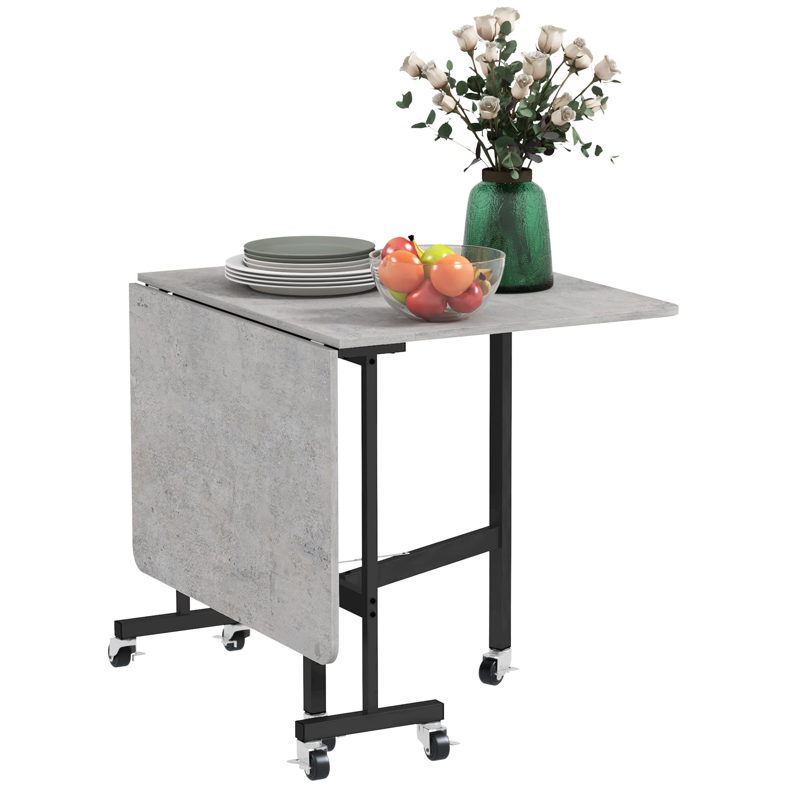 Mobile Drop Leaf Table, Folding Dining Table with 6 Wheels & Brakes, Kitchen Table for Small Spaces, Grey Marble Effect
