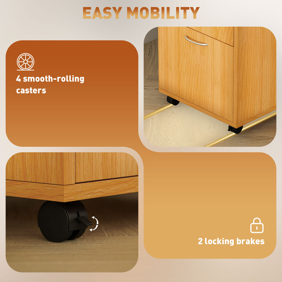 60cm Filing Cabinet with Drawer, Open Shelf, Metal Handles and 4 Wheels, Office Home Organiser Mobile Printer, Natural Wood Finish