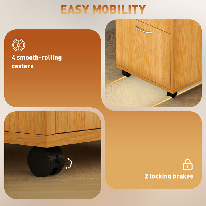 60cm Filing Cabinet with Drawer, Open Shelf, Metal Handles and 4 Wheels, Office Home Organiser Mobile Printer, Natural Wood Finish