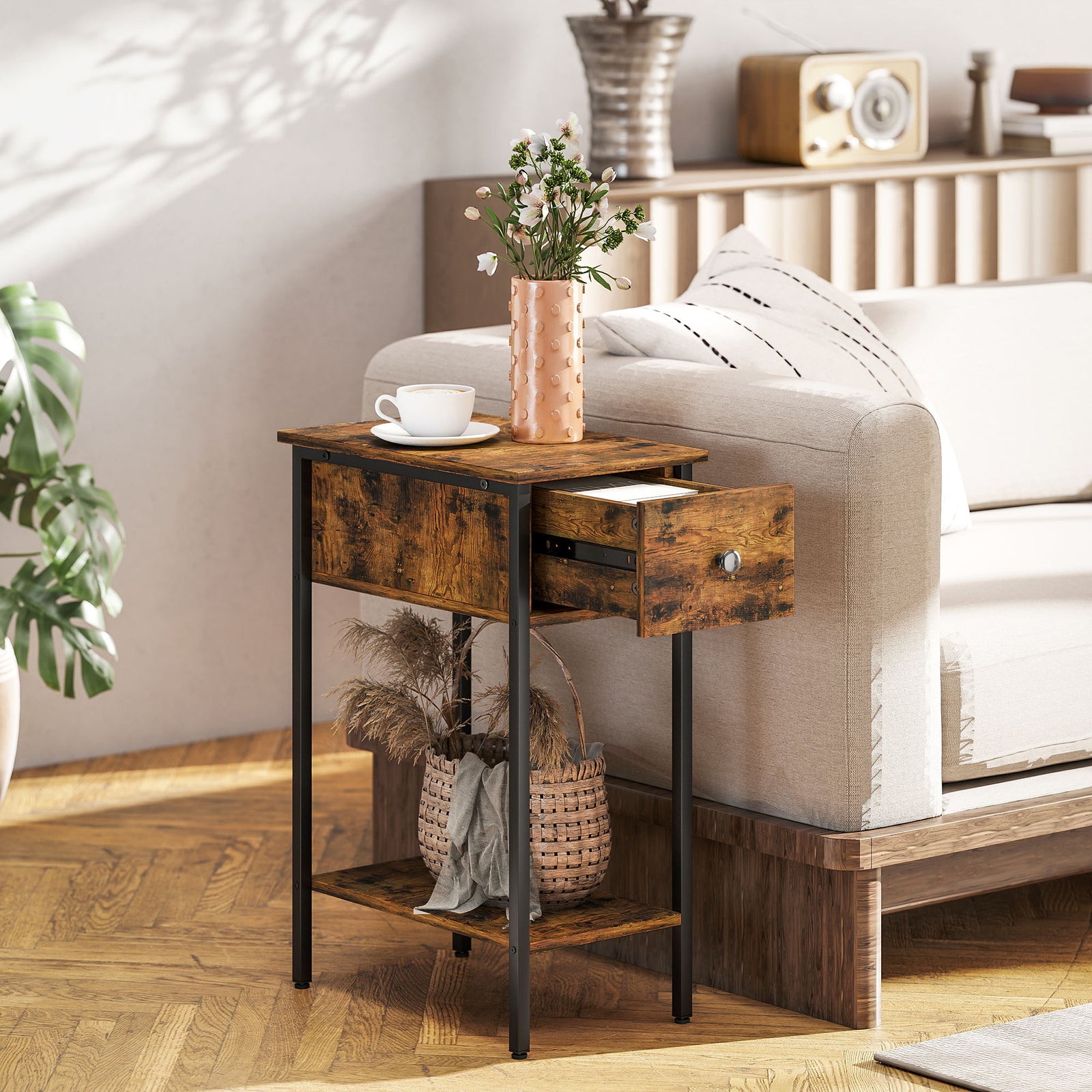 Narrow Side Table with Drawer and Storage Shelf - Rustic Brown