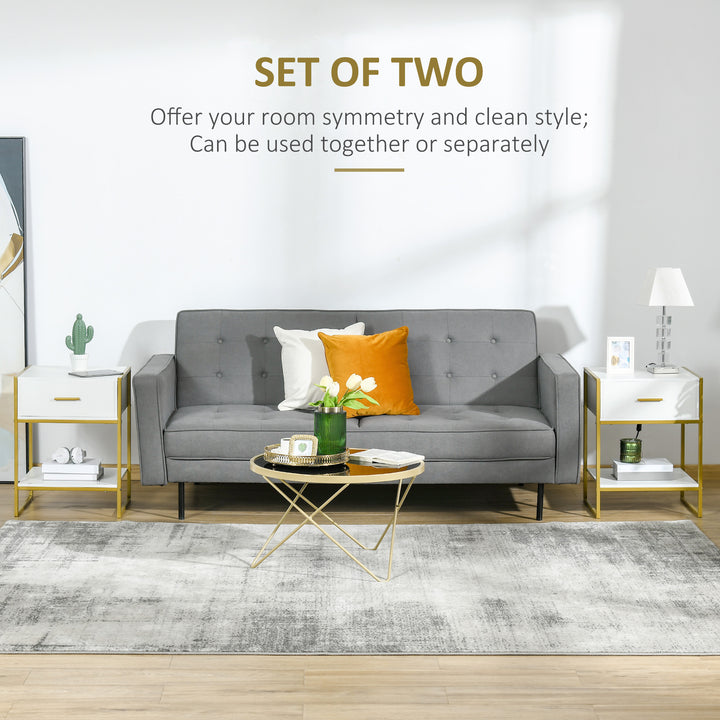 Modern Bedside Table, Nightstand with Drawer Shelf, Side Table for Living room, Bedroom White and Gold, Set of 2