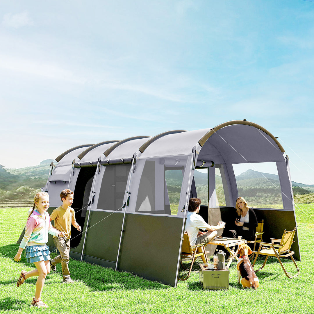 8-Person Camping Tent, Waterproof Family Tent, Tunnel Design, 4 Large Windows, Sleeping Cabins 3000mm Water Column Grey