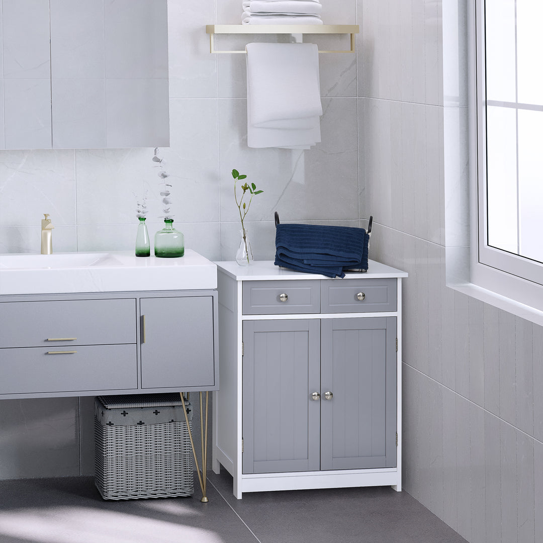 75x60cm Freestanding Bathroom Storage Cabinet Unit w/ 2 Drawers Cupboard Adjustable Shelf Metal Handles Traditional Style Grey White