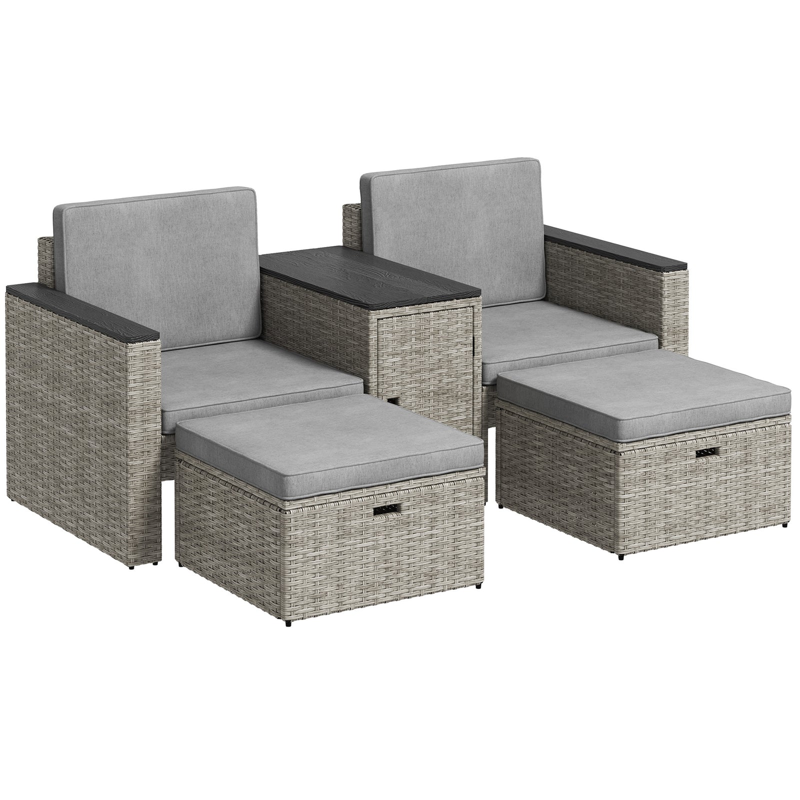 5 Piece Rattan Garden Furniture Set, Nesting Outdoor Furniture Conversation Set with 2 Footstools, WPC Storage Coffee Table and Cushions, Wicker Garden Sofa for Conservatory, Terrace, Grey