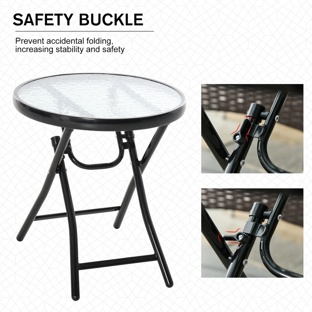 MCL Foldable Garden Table, Round Folding Table with Glass Tabletop and Safety Buckle for Patio, Garden, Outdoor, Indoor, Black