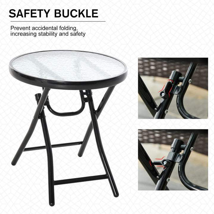 MCL Foldable Garden Table, Round Folding Table with Glass Tabletop and Safety Buckle for Patio, Garden, Outdoor, Indoor, Black