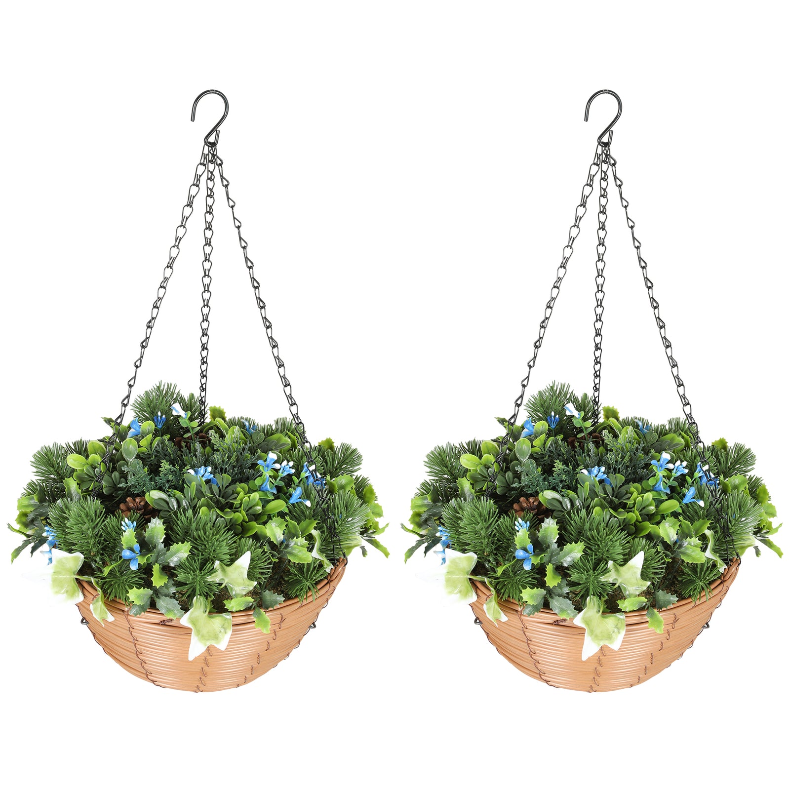 Artificial Flowers in Basket Set of 2, Artificial Hanging Baskets with PE Leaves, 18 Flowers and 3 Pinecones in Pot, Decorative Faux Plant for Home Office Decor, Green