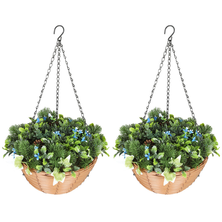 Artificial Flowers in Basket Set of 2, Artificial Hanging Baskets with PE Leaves, 18 Flowers and 3 Pinecones in Pot, Decorative Faux Plant for Home Office Decor, Green