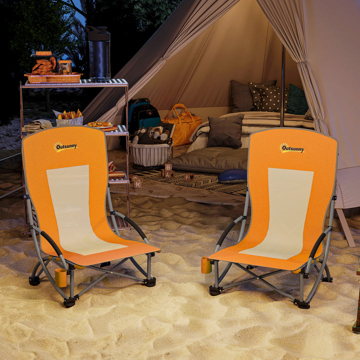 Set of 2 Folding Beach Chair, Low Camping Chair with Mesh Back, Carry Bag and Cup Holder for Garden Outdoor Picnic Festival Travel, Orange