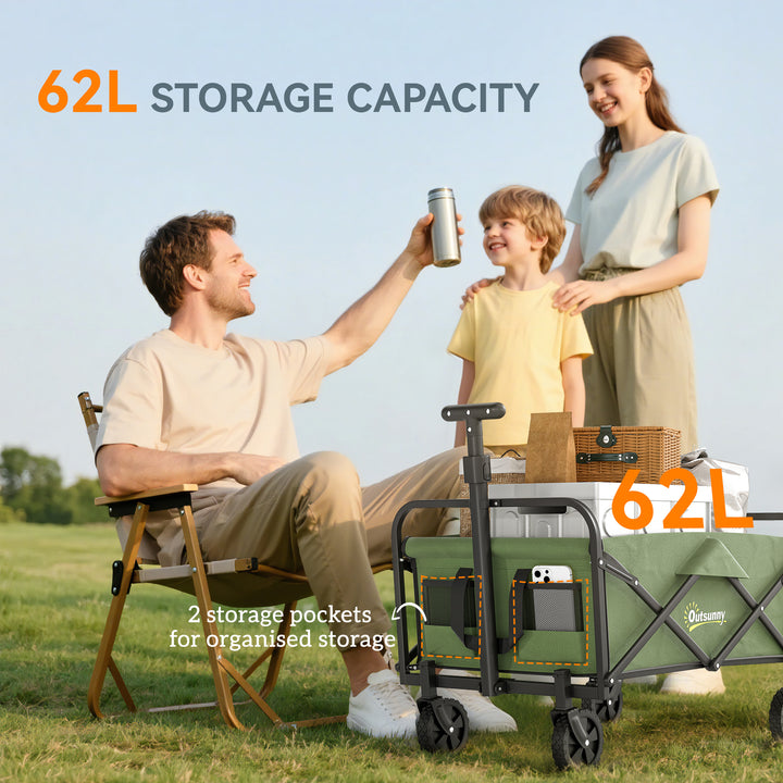 62L Festival Trolley on Wheels, Garden Folding Trolley Cart, 120kg Heavy Duty Collapsible Folding Wagon with Adjustable Handle and Carrying Bag for Beach, Camping, Festival, Green
