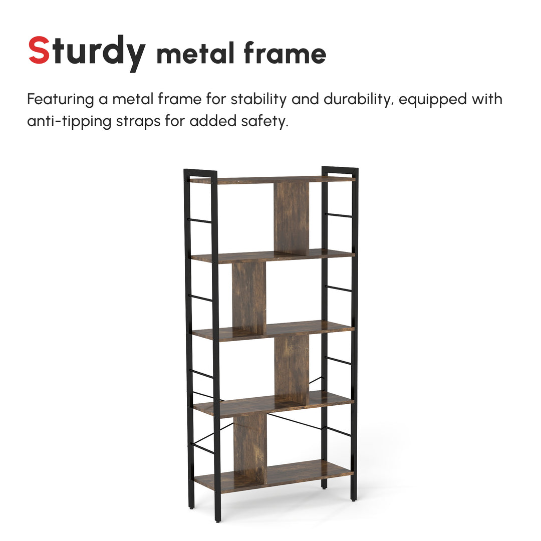 Industrial Storage Unit, 5 Tiers Bookcase with Open Compartments for Office Living Room, Bedroom, Rustic Brown and Black