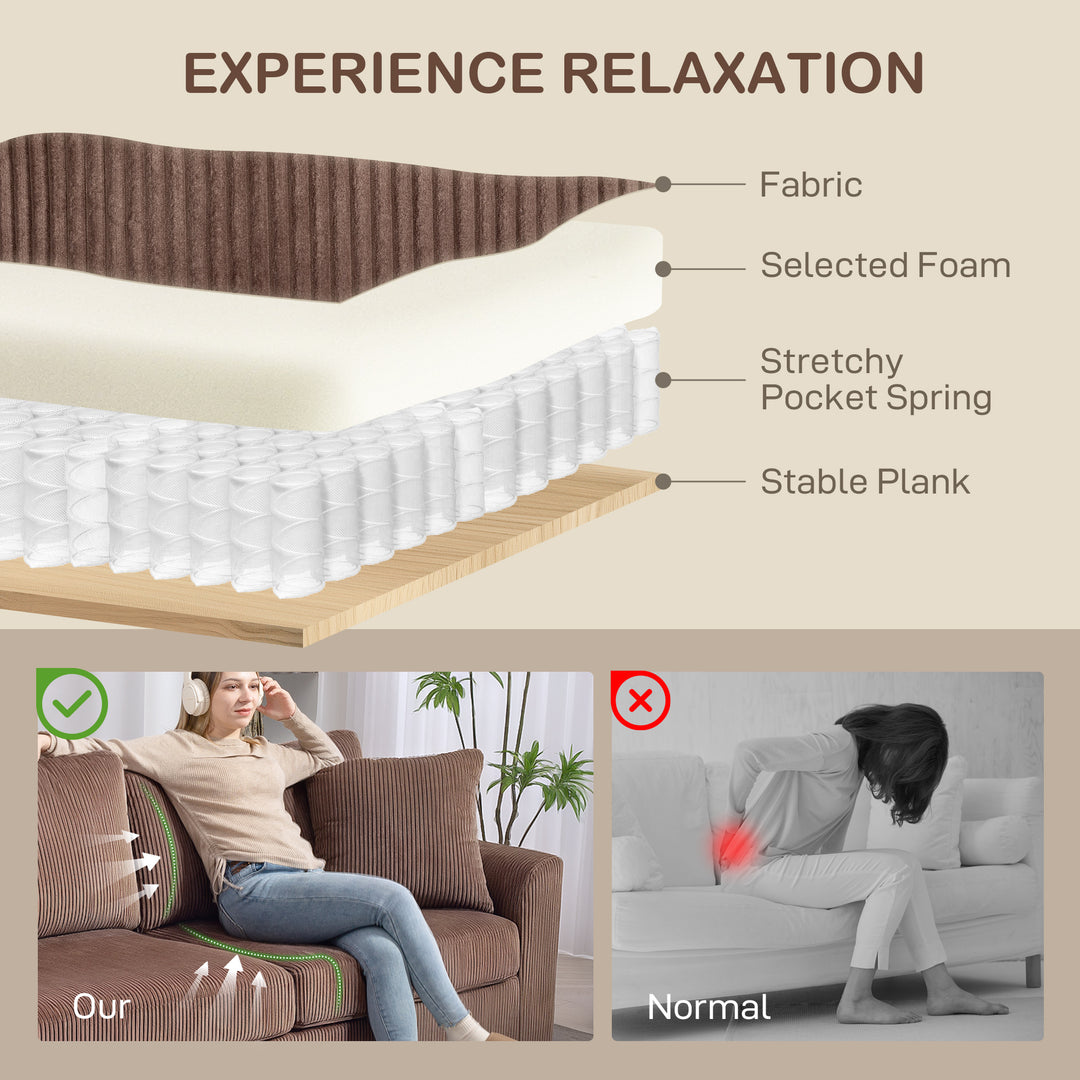 Modern 3 Seater Sofa with Spring Cushion, 212 cm Fabric Jumbo Cord Sofa Couch with 2 Scatter Cushions, Upholstered Corduroy Settee for Living Room, Bedroom, Home Office, Coffee