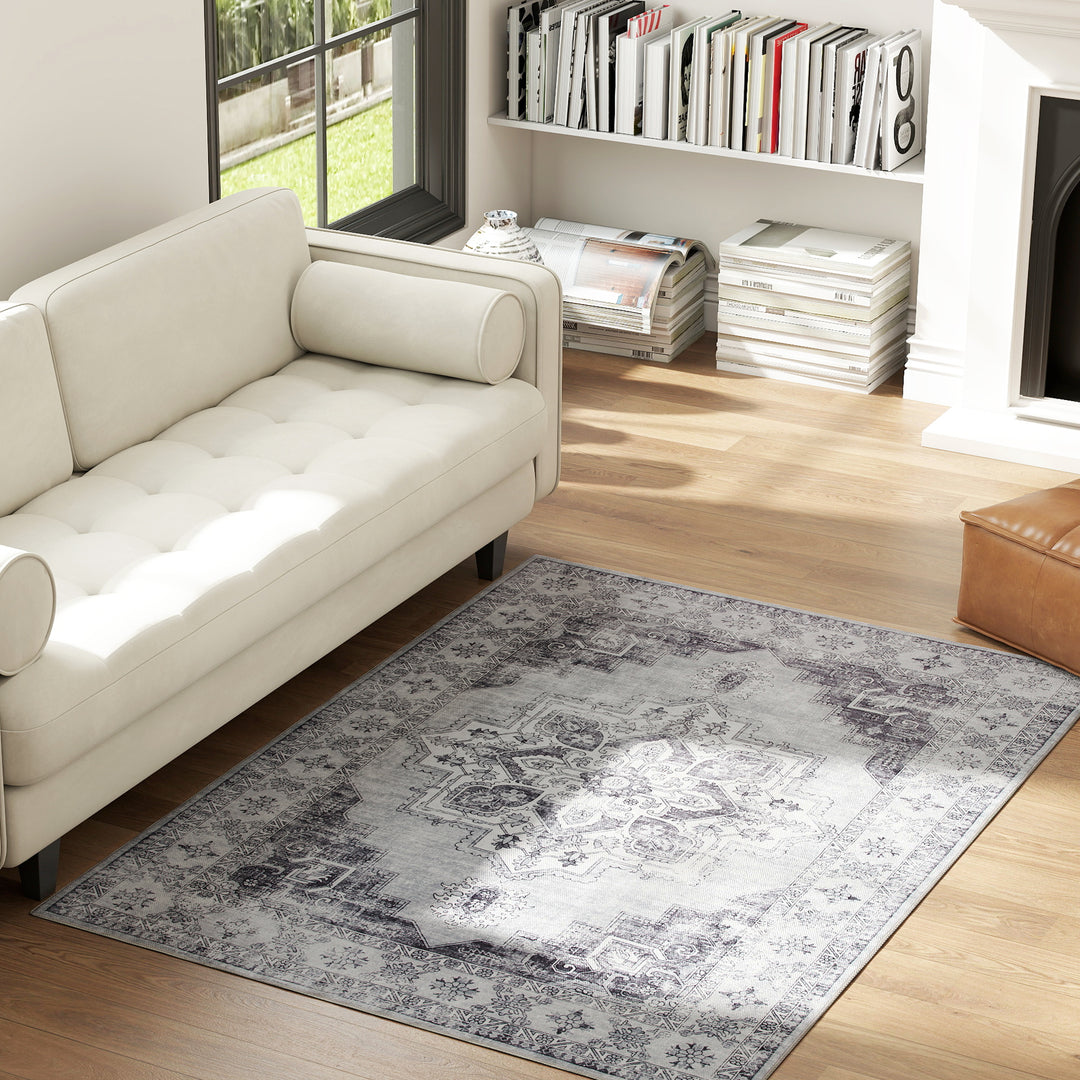 HOMCOM Vintage Area Rug, Non-Slip Washable Rug, Flannel Floor Carpet for Living Room, Bedroom, Dining Room, Home Office, 170 x 120 cm, Grey