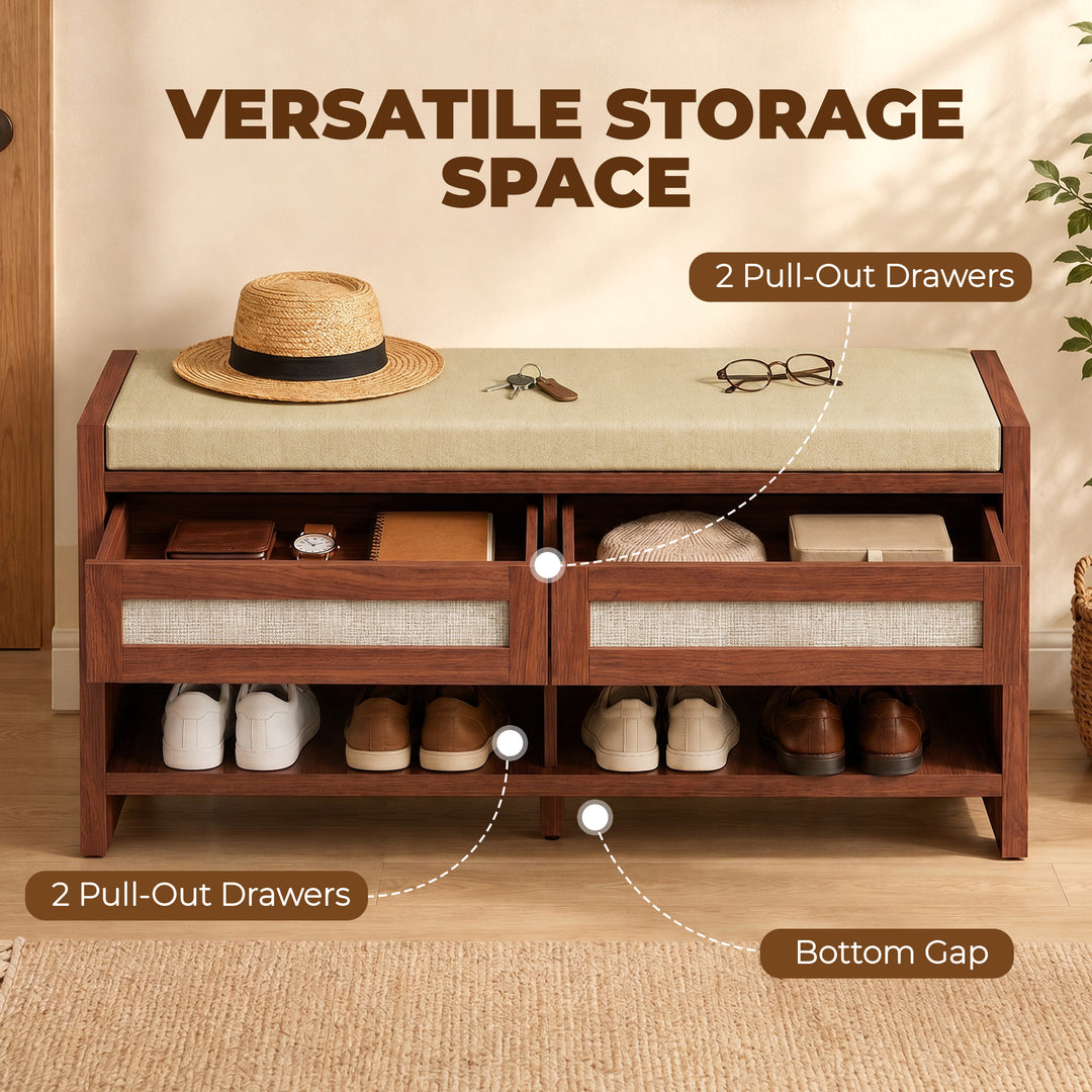 Boho Shoe Bench with 2 Rattan Drawers, Shoe Storage Bench with Cushion