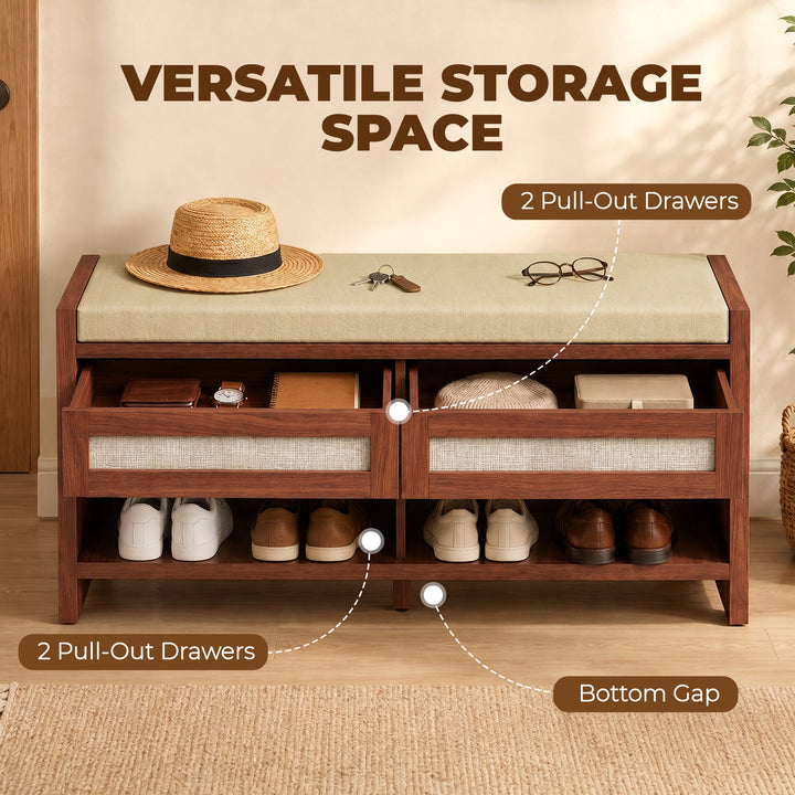 Boho Shoe Bench with 2 Rattan Drawers, Shoe Storage Bench with Cushion