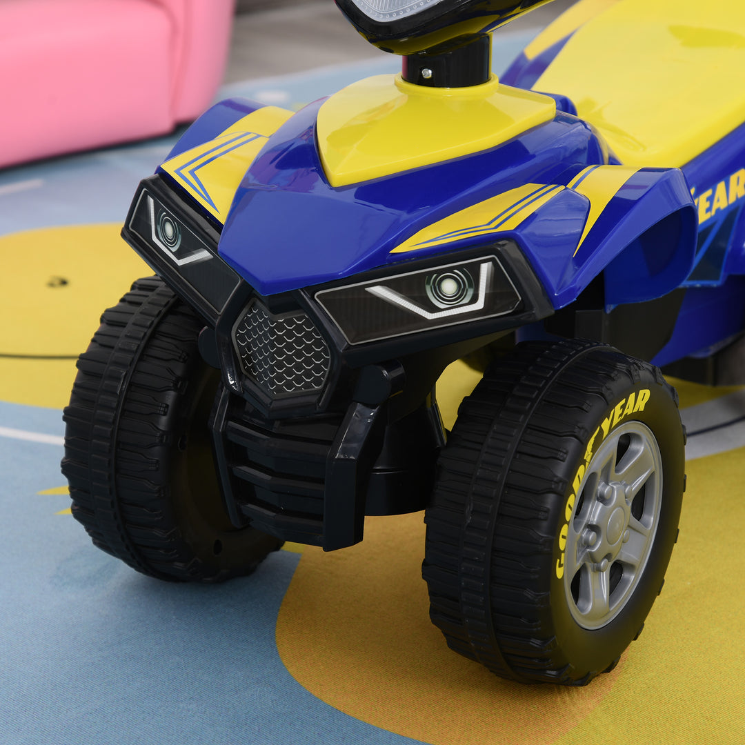 Baby Quad Bike Kids Ride On Car Goodyear Licensed Walker Foot To Floor Slider NO POWER w/ Lights Horn Storage Blue for 18-36 Months