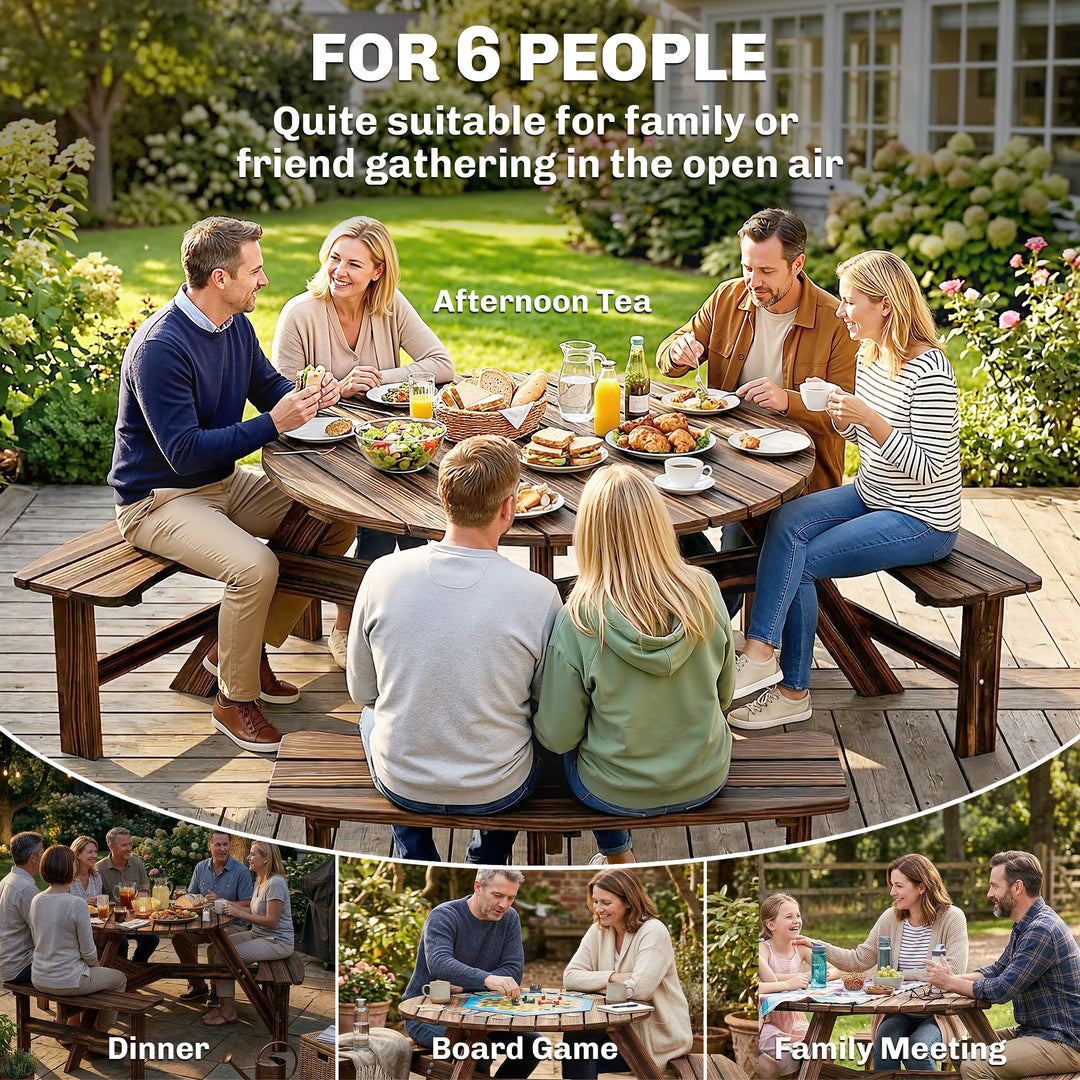 Wooden Garden Dining Set, 6 Seater Round Dining Picnic Table with Matc