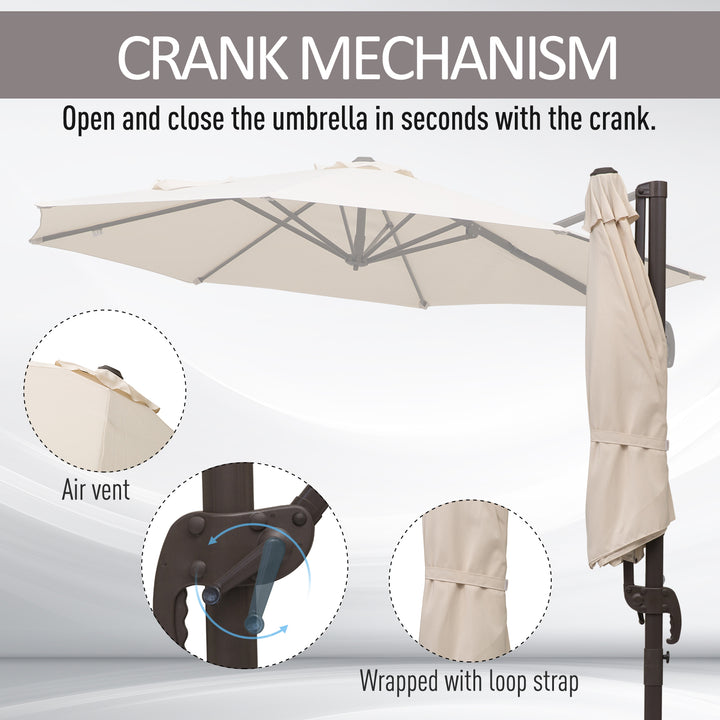 Outsunny Banana Parasol 3M Cantilever Umbrella with Cross Base, Aluminium Frame, 360° Rotation, Hand Crank, Beige | Aosom UK